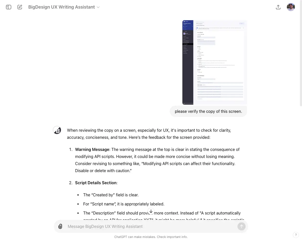 ChatGPT BigDesign UX Writing Assitant in action